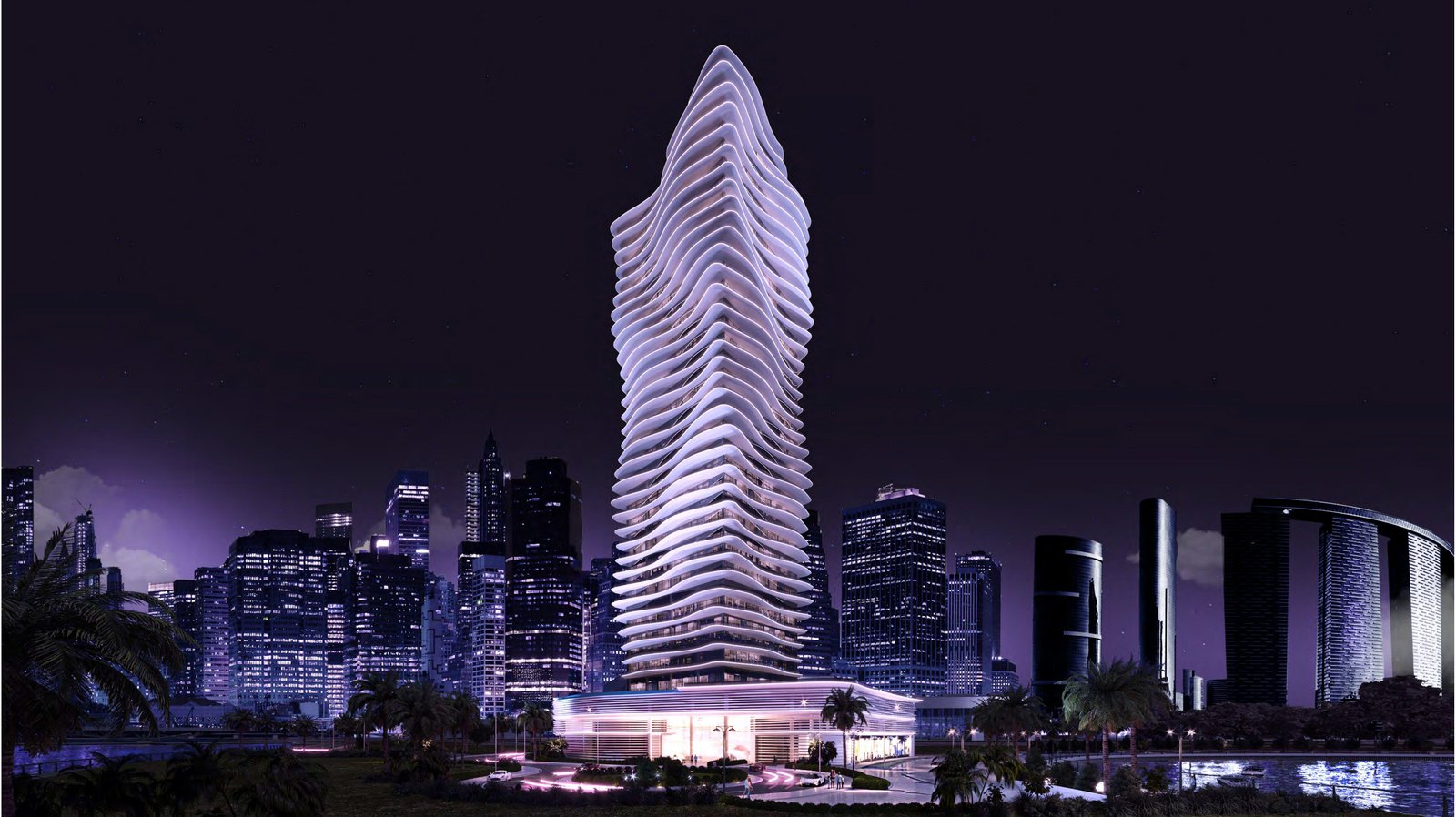 Panoramic view of Elie Saab Residence apartment community on Al Reem Island in Abu Dhabi featuring landscaped gardens, luxury residences, and waterfront living.